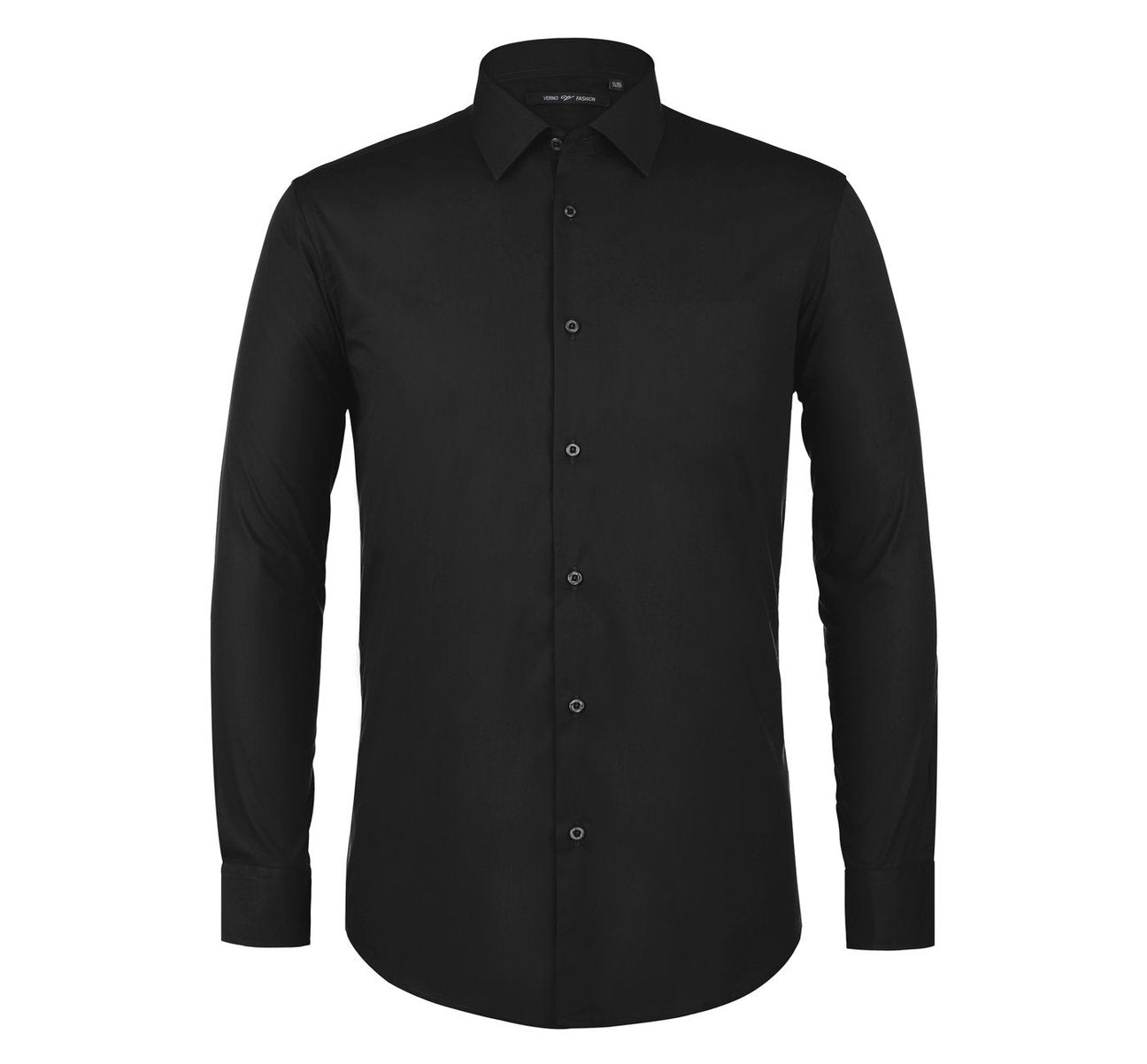 The Renoir VERNO Black Classic/Regular Fit Long Sleeve Spread Collar Dress Shirt TC22 is neatly folded, showcasing its classic fit and spread collar, with a close-up circle highlighting the fabric texture.