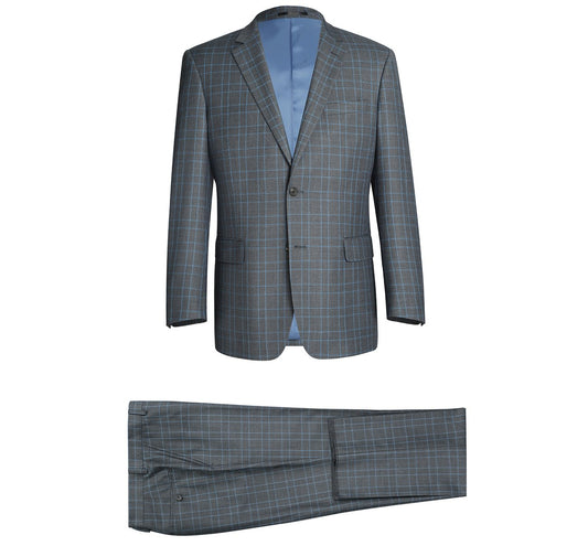 The Alessandro Vitello by Renoir Light Grey Two Piece Classic Fit Windowpane Check Dress Suit 293-5 epitomizes the timeless elegance of Renoir, showcasing a single-breasted jacket and matching pants against a crisp white backdrop.