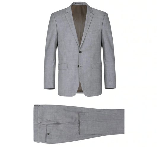 Alessandro Vitello by Renoir grey wool suit featuring a slim-fit notch lapel jacket and matching trousers, displayed on a white background.