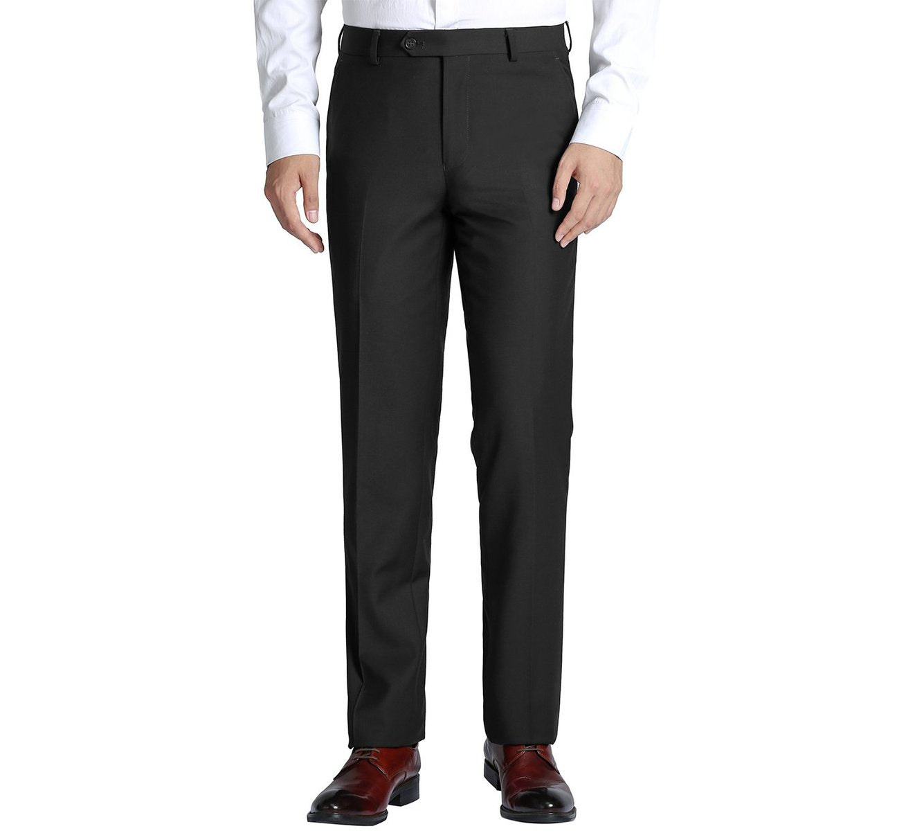 A person wearing Renoir's Alessandro Vitello by Renoir Black Classic Fit Flat Front Suit Separate Pants, a white shirt, and brown shoes.