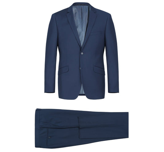 The Renoir Alessandro Vitello by Renoir Slim Fit Solid Notch Lapel 2-Piece Suit 2110-19 showcases a navy blue men's suit with a notch lapel blazer and matching trousers, ideal for office wear, elegantly displayed on a plain white background.