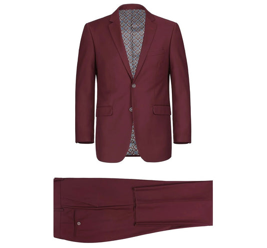 The Alessandro Vitello by Renoir Burgundy 2-Piece Slim Fit Single Breasted Notch Lapel Suit is showcased on a white background, emphasizing its lightweight comfort with a patterned lining. Perfect for special occasions, the jacket includes two buttons and pockets, while the trousers are neatly folded.