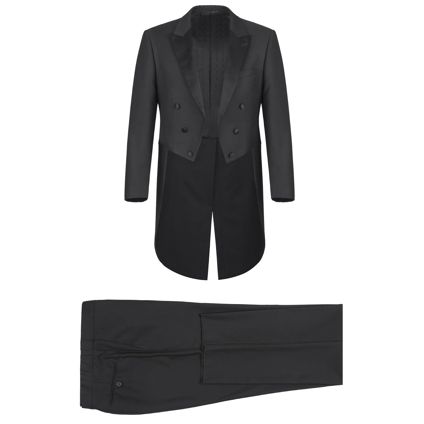 Set against a white background, this Alessandro Vitello by Renoir black full dress suit is perfect for formal events. The elegant design features luxurious satin peak lapels, lending a sophisticated touch to the timeless attire.