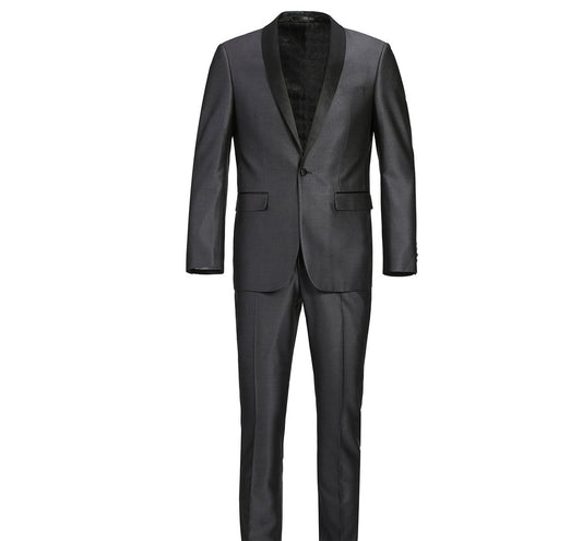 The Alessandro Vitello by Renoir 2-Piece Slim Fit Shawl Lapel Tuxedo Suit 201-17 is expertly crafted from a refined polyester viscose-blend, showcasing a dark gray formal design with a black shawl collar. This stylish ensemble includes a single-breasted jacket and matching trousers, elegantly presented against a white background.