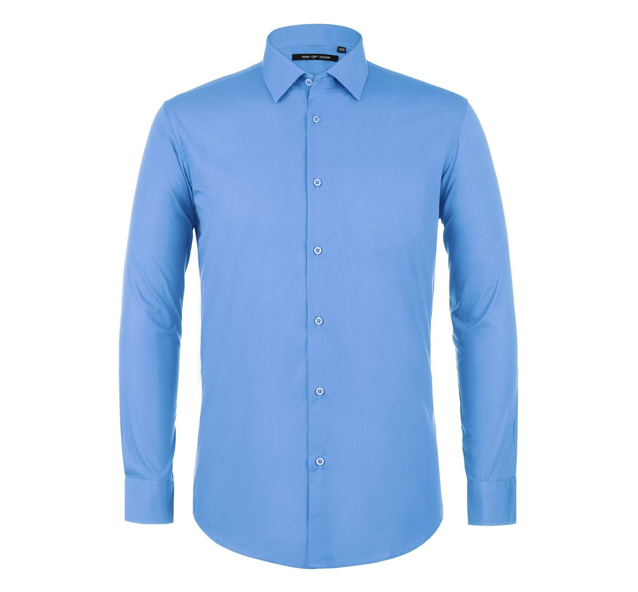 The Renoir VERNO Light Blue Classic/Regular Fit Long Sleeve Spread Collar Dress Shirt TC627 is elegantly displayed, showcasing a close-up inset of its fabric texture.