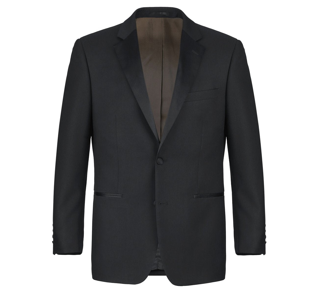 This is an Alessandro Vitello by Renoir Satin Classic Fit Tuxedo Suit, meticulously crafted from 100% wool. The jacket features a notched lapel, two buttons, and a single breast pocket, elegantly displayed against a plain white background.