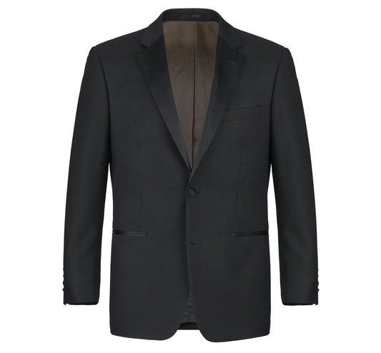 This is an Alessandro Vitello by Renoir Satin Classic Fit Tuxedo Suit, meticulously crafted from 100% wool. The jacket features a notched lapel, two buttons, and a single breast pocket, elegantly displayed against a plain white background.