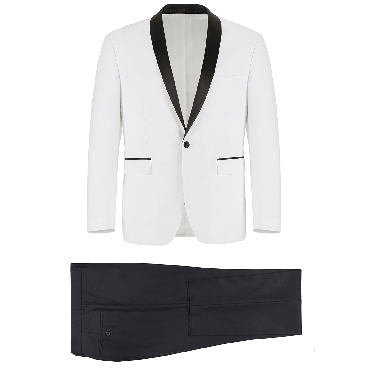 The Alessandro Vitello by Renoir 2-Piece Slim Fit Shawl Lapel Tuxedo Suit 201-16 showcases a white tuxedo jacket with a black lapel and coordinating black pants, all made from a polyester viscose blend, set against a pristine white background.