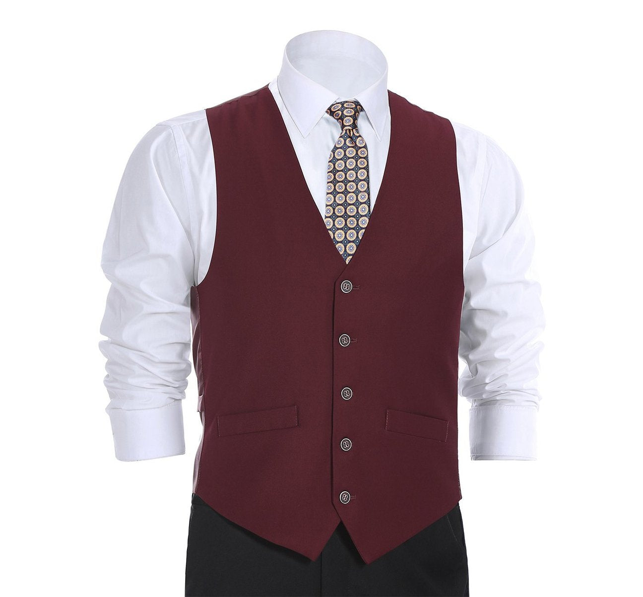 A person wearing the Alessandro Vitello Burgundy Business Suit Vest by Renoir, paired with a light blue striped shirt, patterned tie, and dark pants, is standing with hands in pockets. The regular fit waistcoat accentuates the elegance of its polyester viscose fabric.