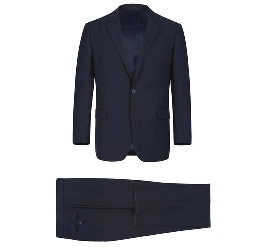 The Alessandro Vitello by Renoir Dark Navy 2-Piece Classic Fit Single Breasted Notch Lapel Suit, which includes the suit jacket and trousers, is arranged on a white background.