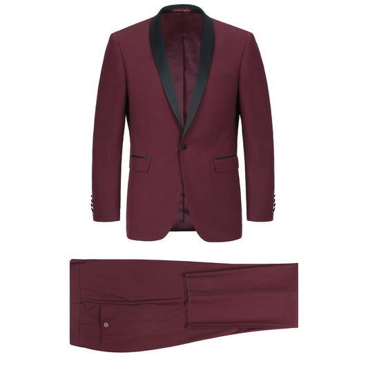 The Alessandro Vitello by Renoir 2-Piece Slim Fit Shawl Lapel Tuxedo Suit 201-8 showcases an elegant burgundy dinner jacket with black lapels, crafted in a polyester viscose blend. This slim fit design includes a single-button jacket and matching trousers, beautifully displayed flat on a white background.