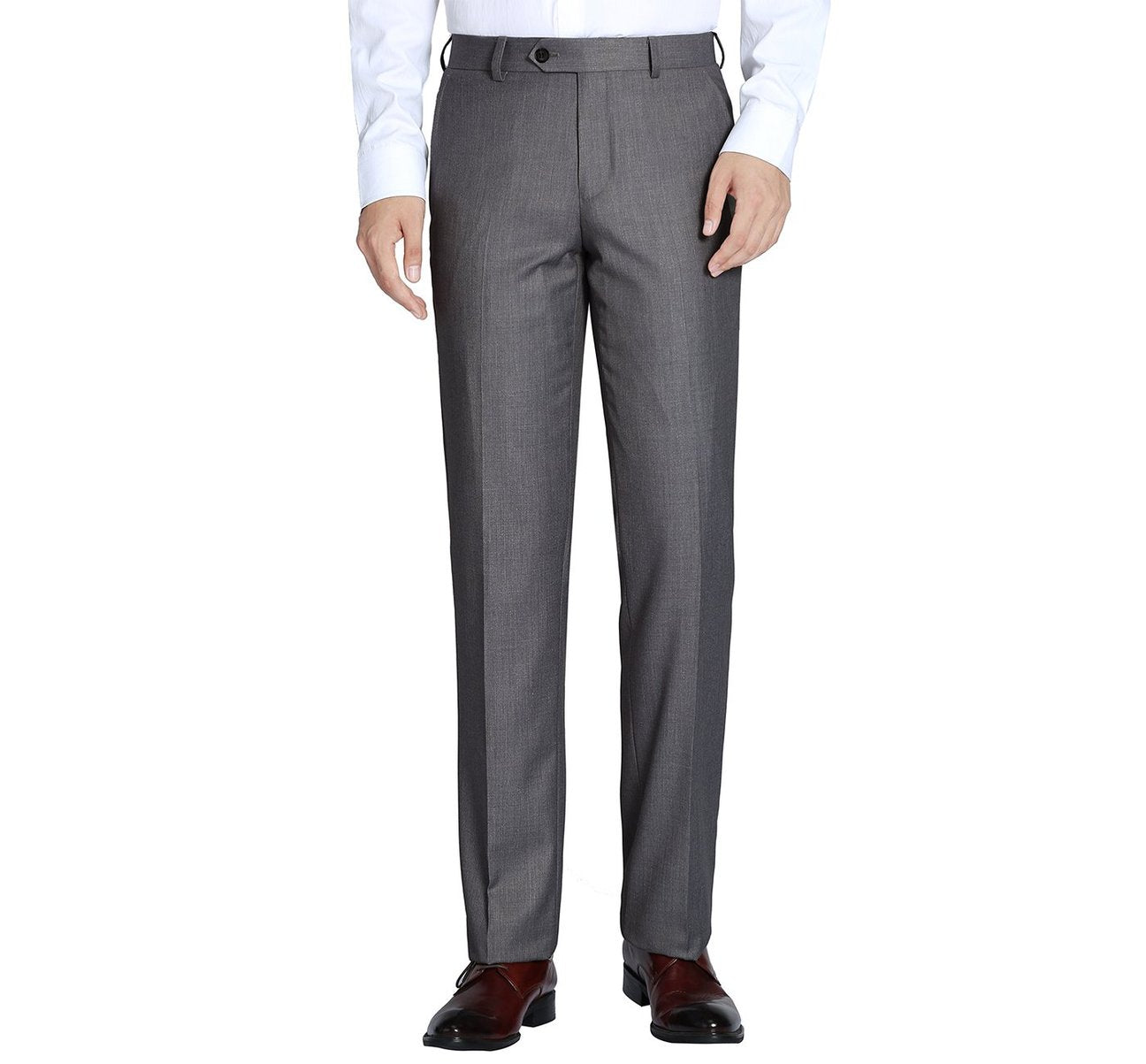 A person wearing a white shirt and the Alessandro Vitello by Renoir Dark Grey Regular Fit Flat Front Wool Suit Pants stands upright.