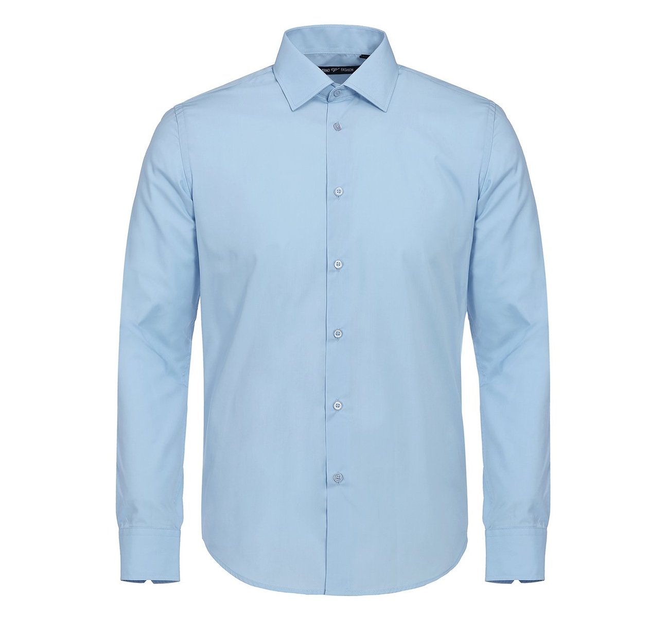 A folded Renoir VERNO Sky Blue dress shirt in Classic/Regular Fit, with a close-up inset showcasing the exquisite fabric texture, ideal for those who appreciate fine formal clothing.