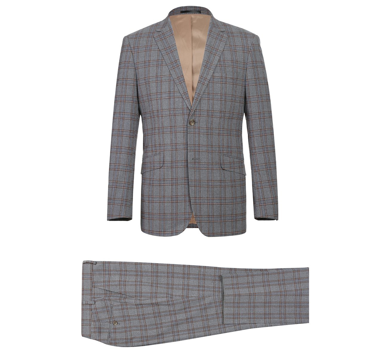 The Alessandro Vitello by Renoir Two Piece Slim Fit Stretch Windowpane Check Dress Suit 293-7, with a sleek single-breasted blazer and coordinated pants, is elegantly showcased against a white background.