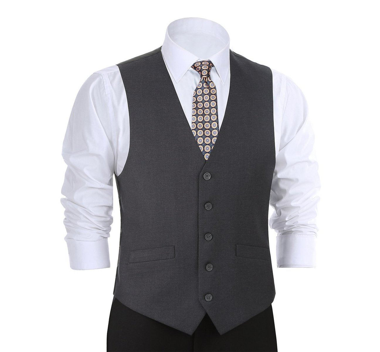 A person wearing the Alessandro Vitello by Renoir Charcoal Button Formal Suit Vest Regular Fit Waistcoat over a blue striped shirt with a patterned tie, hands in pockets, exudes a classic fit in formal wear.