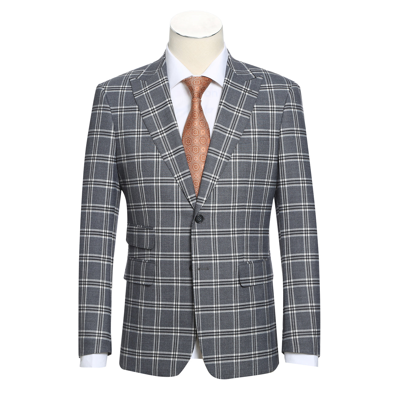 The ENGLISH LAUNDRY Dimgray with White Check Peak Suit 72-60-001 by English Laundry is a slim fit suit jacket in gray plaid, lined with a light blue and white abstract pattern. It features peak lapels, two buttons, and two front pockets.