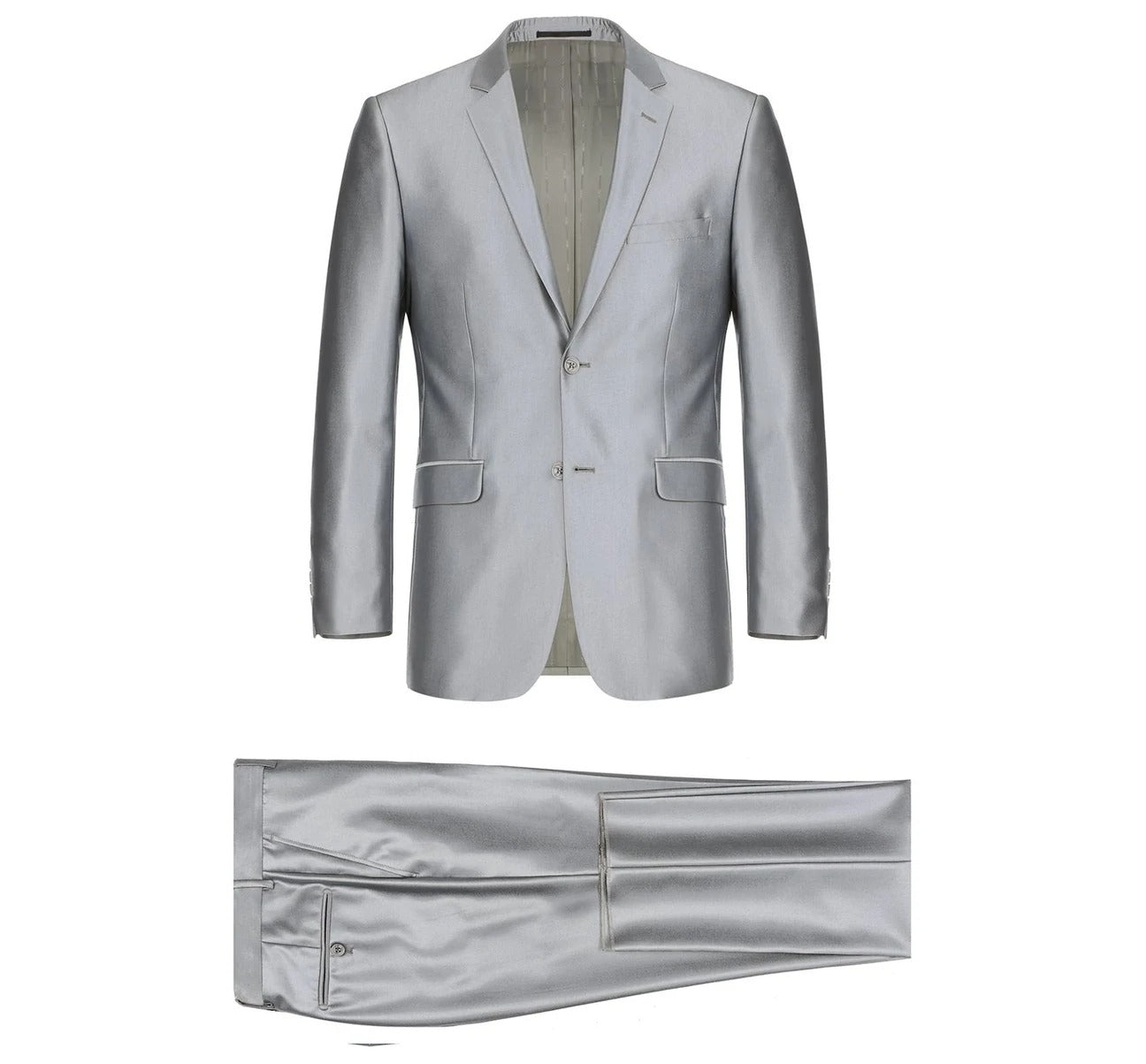 The Renoir Alessandro Vitello by Renoir Sharkskin Classic Fit Italian Styled Two Piece Suit 207-2 in a metallic silver shade, including a two-button notch lapel blazer and matching trousers, is elegantly showcased against a white background—ideal for special occasions.