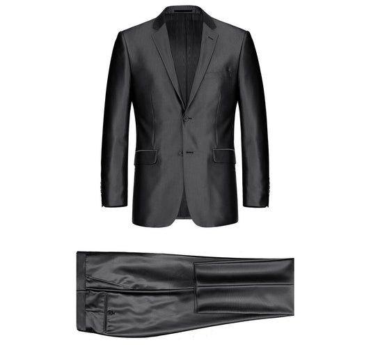 The Alessandro Vitello by Renoir Sharkskin Classic Fit Italian Styled Two Piece Suit 207-1 showcases a tailored, slim fit with a notch lapel blazer and matching trousers in sleek black, set against a plain white background.