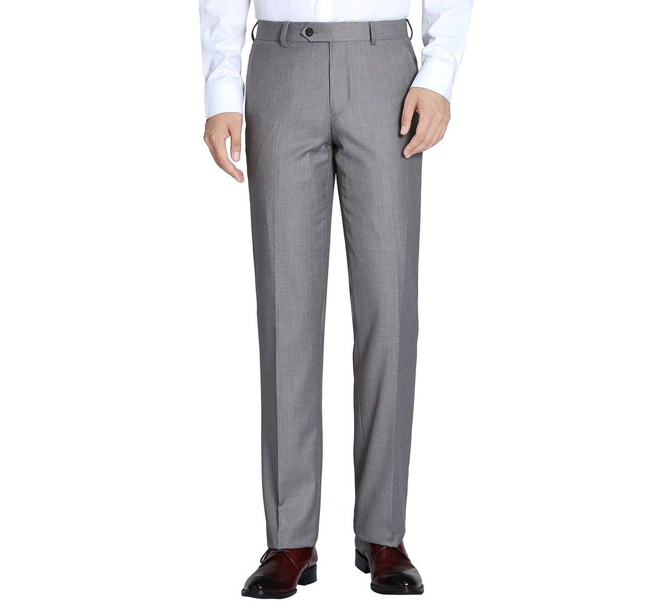 A person wearing Renoir's Alessandro Vitello Grey Slim Fit Flat Front Wool Suit Pants and a white shirt stands against a plain background.