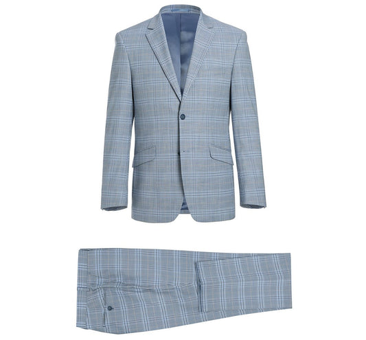 The Alessandro Vitello by Renoir suit, featuring a light blue 2-piece slim fit notch lapel design with stretch windowpane pattern, is showcased against a white background.