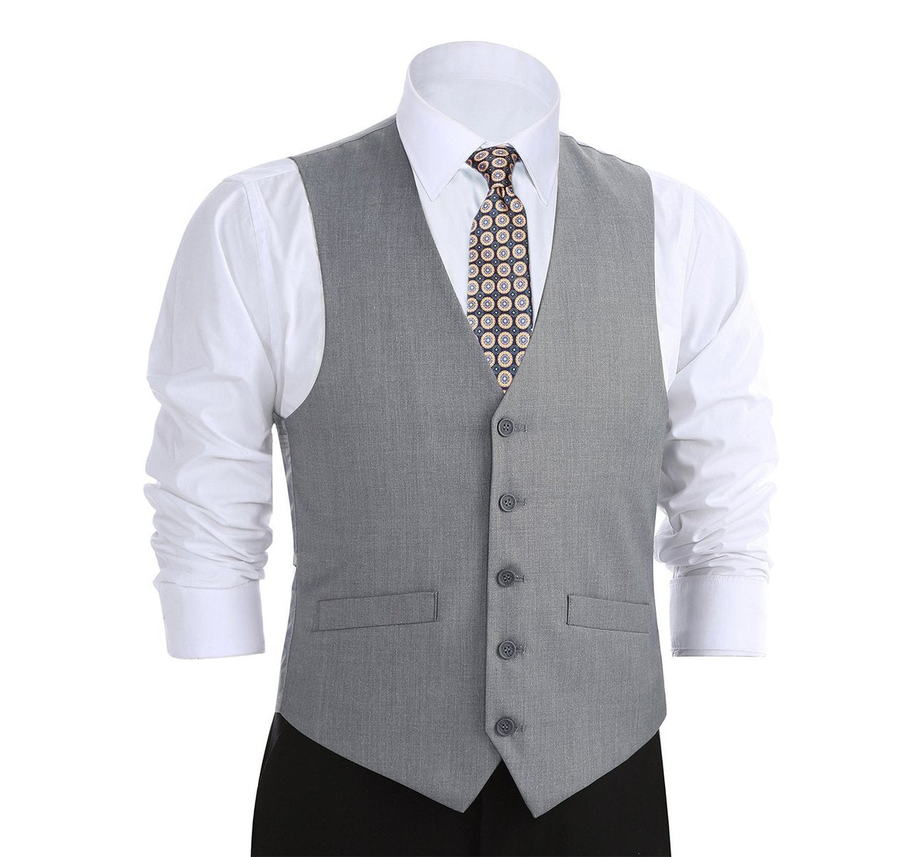 A man dressed in an Alessandro Vitello by Renoir Grey Button Formal Suit Vest over a striped shirt and patterned tie, with his hands in his pockets. This regular fit suit waistcoat, crafted from a polyester viscose blend by Renoir, combines comfort and style.