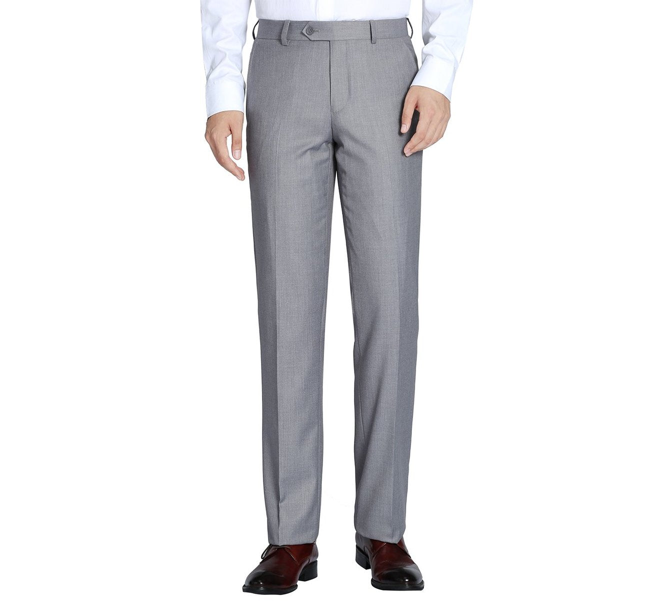 A person wearing a classic fit white shirt and Renoir's Alessandro Vitello Grey Slim Fit Flat Front Suit Separate Pants, paired with black shoes, stands against a plain white background.