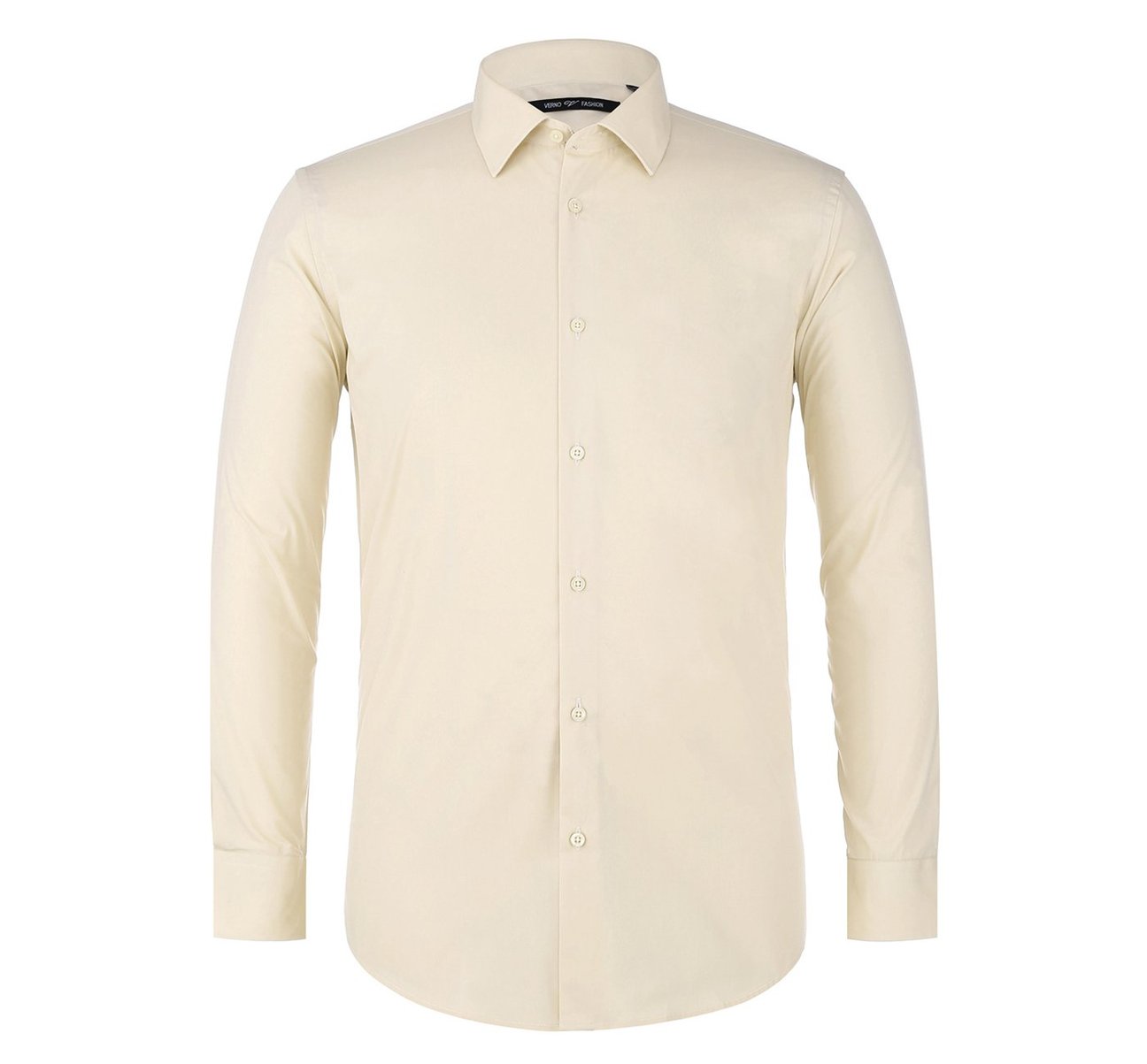 The Renoir VERNO Taupe Classic/Regular Fit Long Sleeve Dress Shirt TC23 features a spread collar and buttoned cuffs, with a close-up circle showcasing the fabric texture.