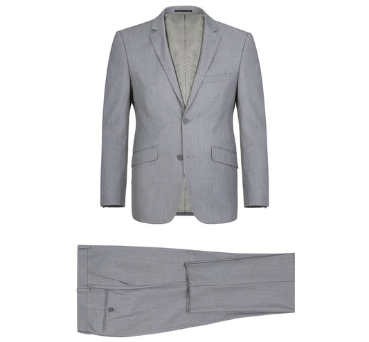 The Alessandro Vitello by Renoir 2-Piece Suit 2110-2 showcases a men's gray suit with a notch lapel single-breasted blazer, two buttons, and matching slim fit pants, set against a white background.