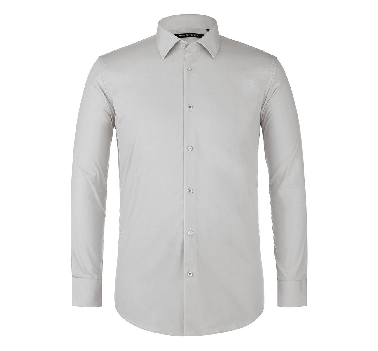 A neatly folded light gray men's dress shirt from Renoir, featuring a close-up of the fabric texture and highlighting its classic fit and refined spread collar. This is the VERNO Grey Classic/Regular Fit Long Sleeve Spread Collar Dress Shirt TC629.