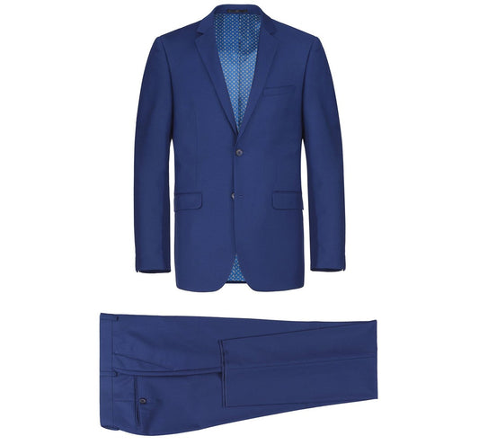 The Renoir Alessandro Vitello Royal Blue 2-Piece Slim Fit Suit (201-20) showcases a single-breasted notch lapel jacket with a subtle patterned lining, paired with matching trousers, each displayed separately.