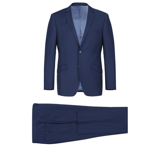 The Alessandro Vitello by Renoir 2-Piece Slim Fit Notch Lapel Solid Suit 201-18 is a men's suit in navy blue, featuring a slim fit notch lapel blazer and matching trousers for lightweight comfort, showcased on a white background.