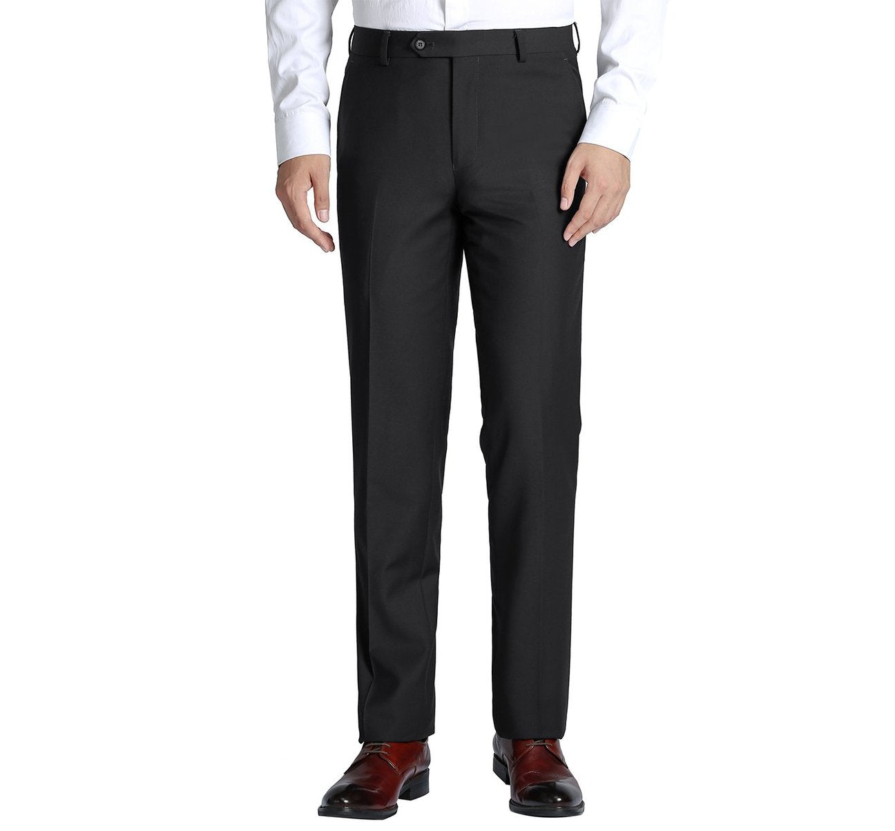 A man stands against a plain white background, dressed in a classic fit ensemble featuring a white shirt, the Renoir Alessandro Vitello by Renoir Black Slim Fit Flat Front Wool Suit Pant 508-1, and brown shoes.