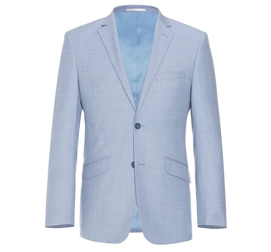 The Alessandro Vitello by Renoir 2-Piece Slim Fit Notch Lapel Solid Suit 203-9, in light blue, showcases a sleek design with two buttons, a notched lapel, and two front pockets. Its lightweight construction ensures comfort and style, making it an ideal choice for any occasion.