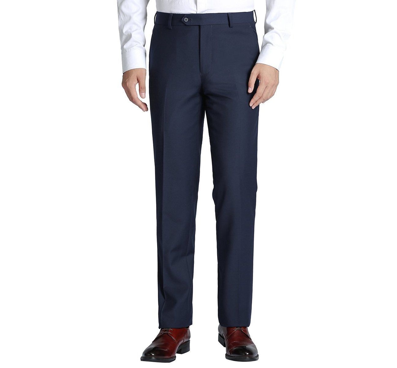 A person wearing Renoir's Alessandro Vitello blue slim fit flat front wool suit pants, a crisp white shirt, and polished brown dress shoes.