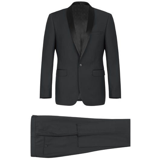 The Alessandro Vitello by Renoir 2-Piece Slim Fit Shawl Lapel Tuxedo Suit SH201-1 features a dark green formal jacket with black satin shawl lapels and a single-button closure, paired with matching unhemmed trousers.