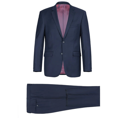 The Alessandro Vitello by Renoir Navy 2-Piece Classic Fit Notch Lapel Wool Suit 508-19 showcases a refined dark blue color with a two-button jacket and coordinating trousers. Its elegant twill weave provides subtle texture, complemented by the playful touch of a pink lining within the jacket.