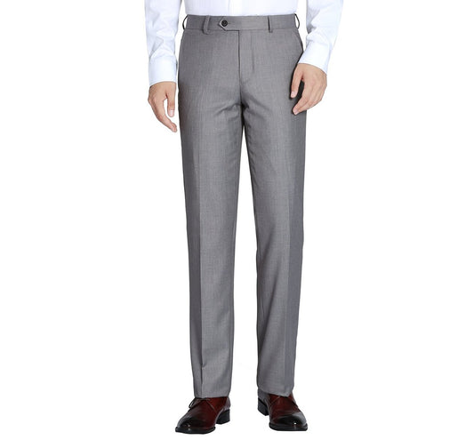 A man is standing, dressed in a pair of Alessandro Vitello by Renoir Grey Regular Fit Flat Front Wool Suit Pants 508-5, crafted from breathable wool, along with a white shirt, with only his torso and legs visible.