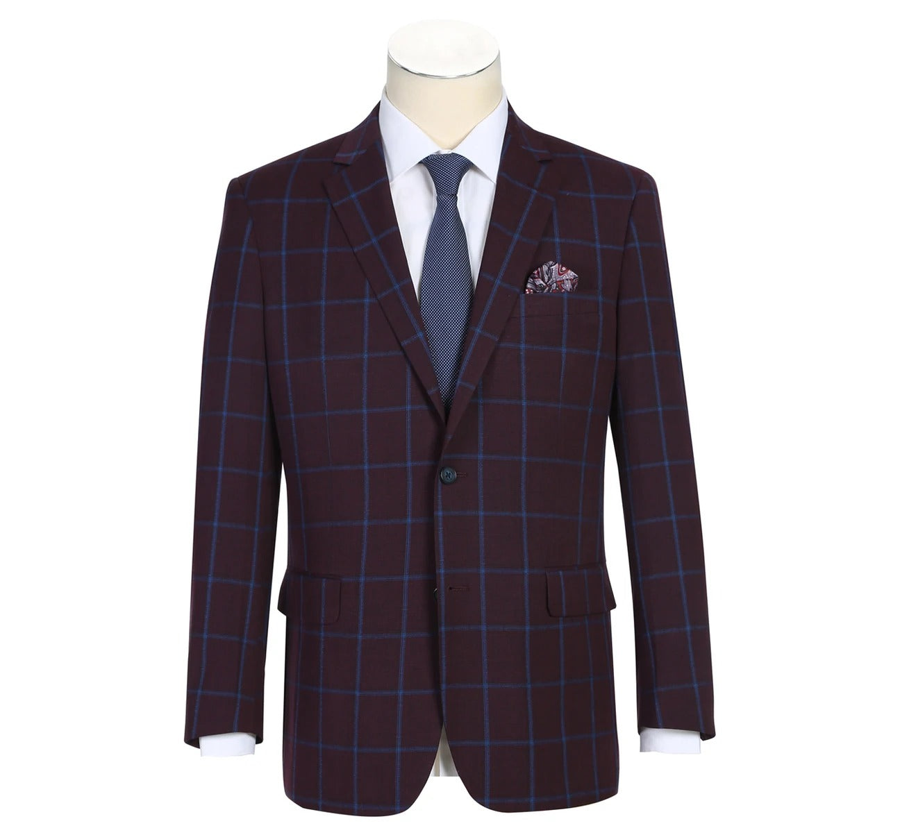 Introducing the Alessandro Vitello by Renoir Sport Coat, a men's slim fit piece in burgundy with an elegant blue lurex checked design and light blue lining. This sophisticated sport coat is equipped with classic notch lapels, a stylish pocket square, and two front buttons.