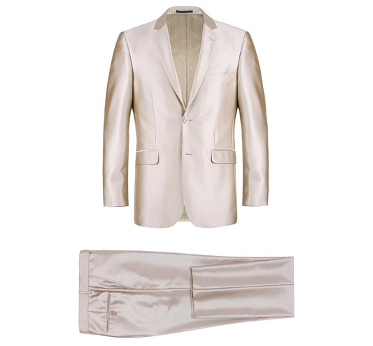 The Alessandro Vitello by Renoir Sharkskin Slim Fit Italian Styled Two Piece Suit in an elegant cream color, set against a white background, offers a sophisticated option for office wear.