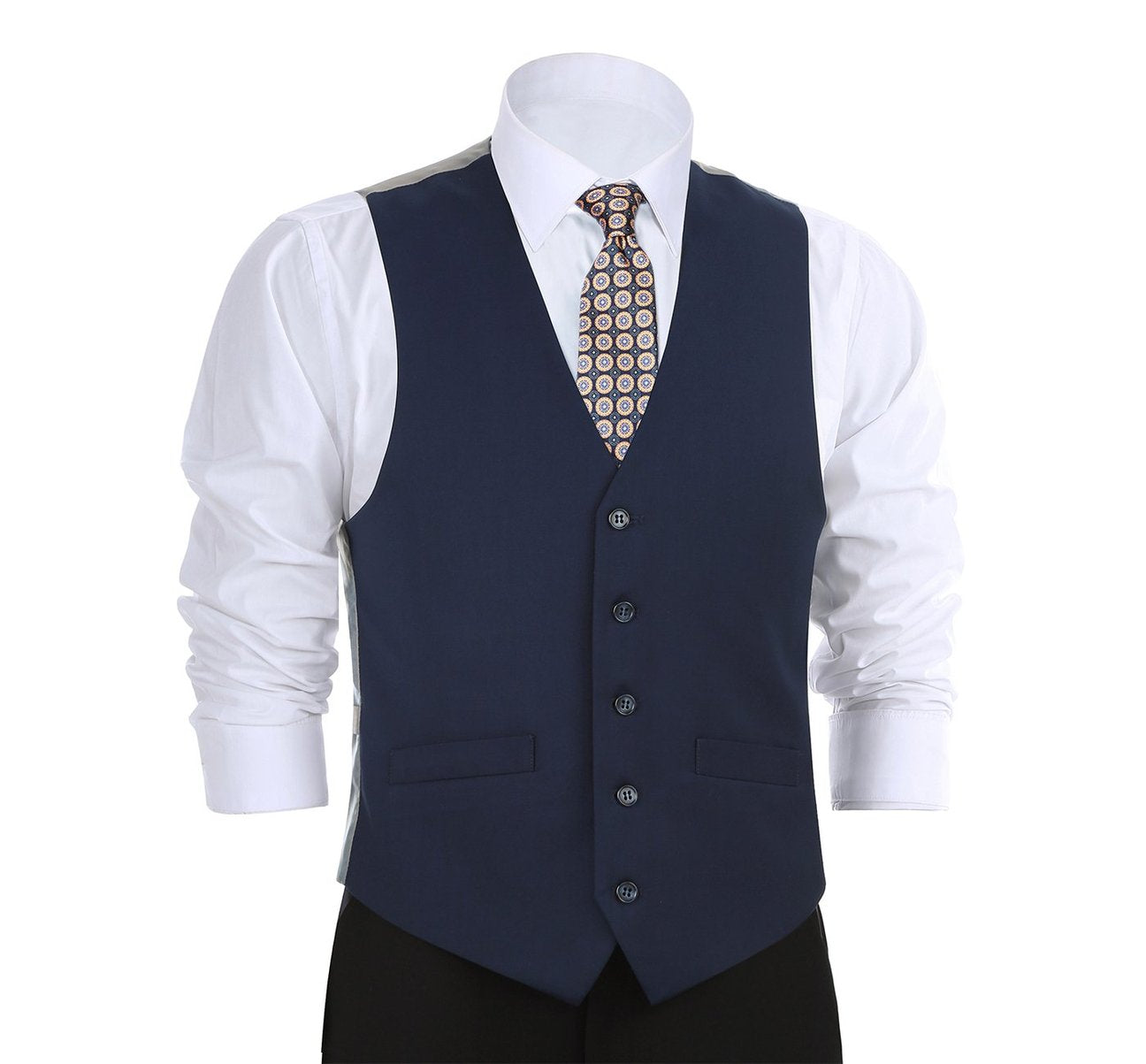 A person wearing the Renoir Alessandro Vitello navy business suit vest in a regular fit, made from polyester viscose, layered over a blue striped shirt with a patterned tie, hands in pockets.