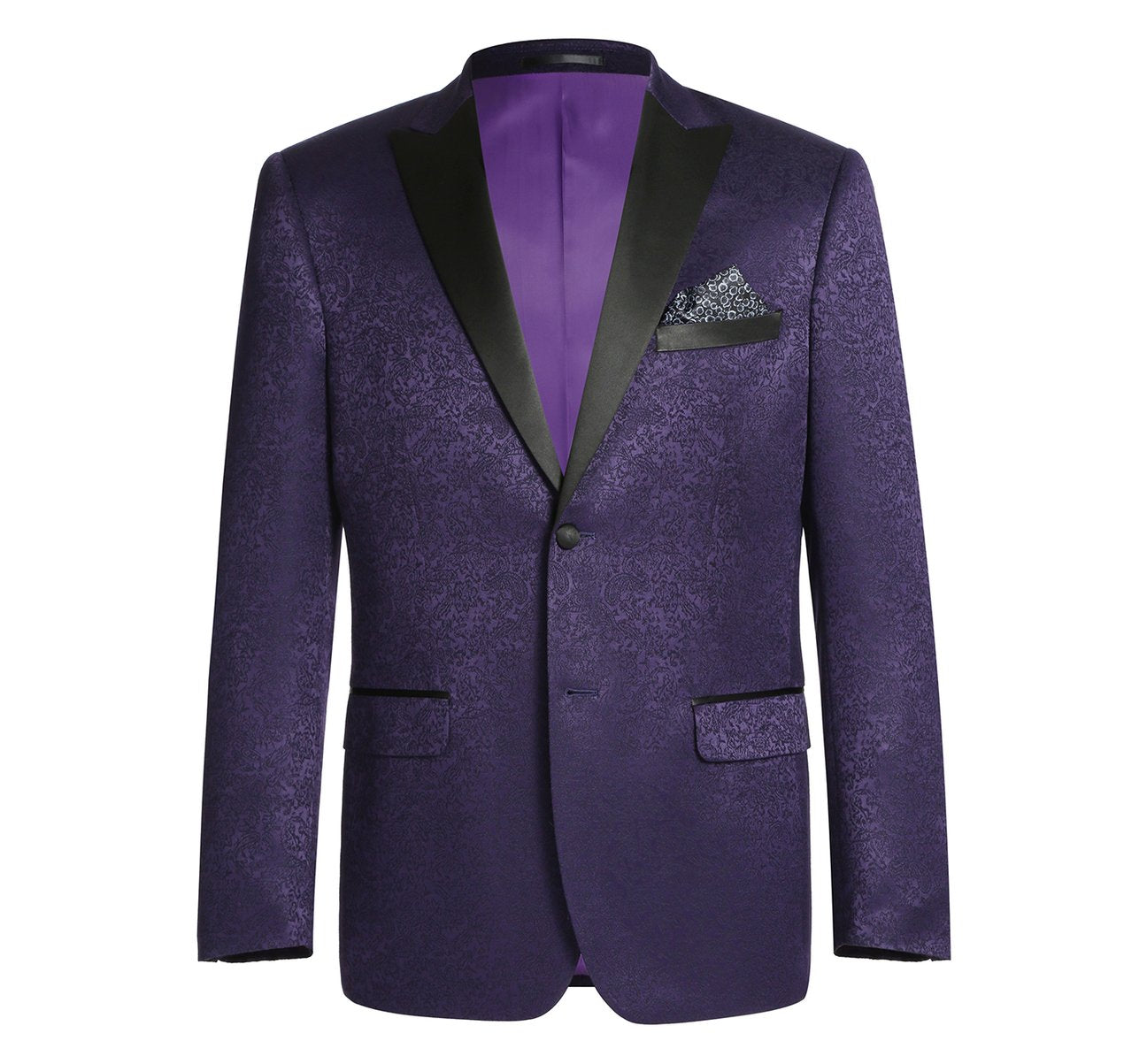 The Alessandro Vitello by Renoir Purple Slim Fit Peak Lapel Tuxedo Blazer with Embroidered Pattern 290-3 offers a sleek silhouette with its slim fit design, featuring black satin peak lapels, a single button closure, and an embroidered patterned pocket square in the chest pocket.