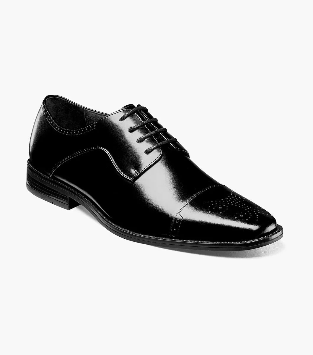 The Stacy Adams - KENWAY Cap Toe Oxford in black, style number 20194-001, showcases leather linings, laces, and a low heel against a white backdrop.