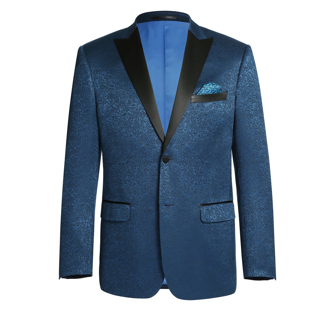 The Alessandro Vitello by Renoir Dark Blue Slim Fit Peak Lapel Tuxedo Blazer, featuring an embroidered pattern, black lapels, a single button closure, and a blue pocket square, is perfect for formal occasions.