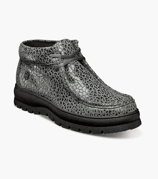 The Stacy Adams - DUBLIN II Moc Toe Boot in Gray Multi (63169-062) features a gray leopard print design on a printed suede upper, complemented by a durable black rubber outsole and a lace-up closure.