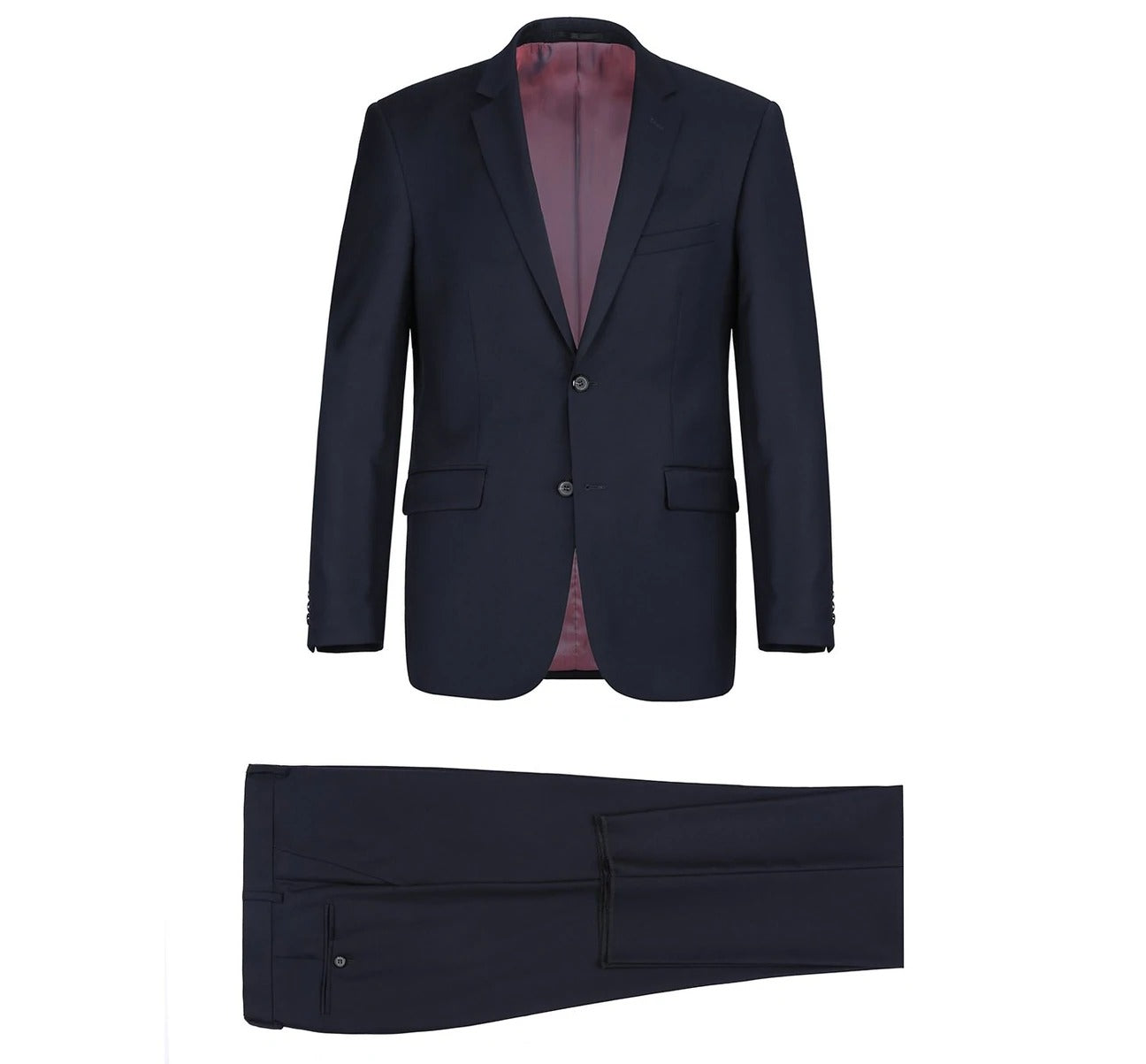 Introducing the Alessandro Vitello by Renoir, a dark navy wool suit featuring a two-button jacket with a notch lapel and light pink lining, accompanied by matching straight-leg trousers. This 2-piece slim fit ensemble artfully blends style with comfort.