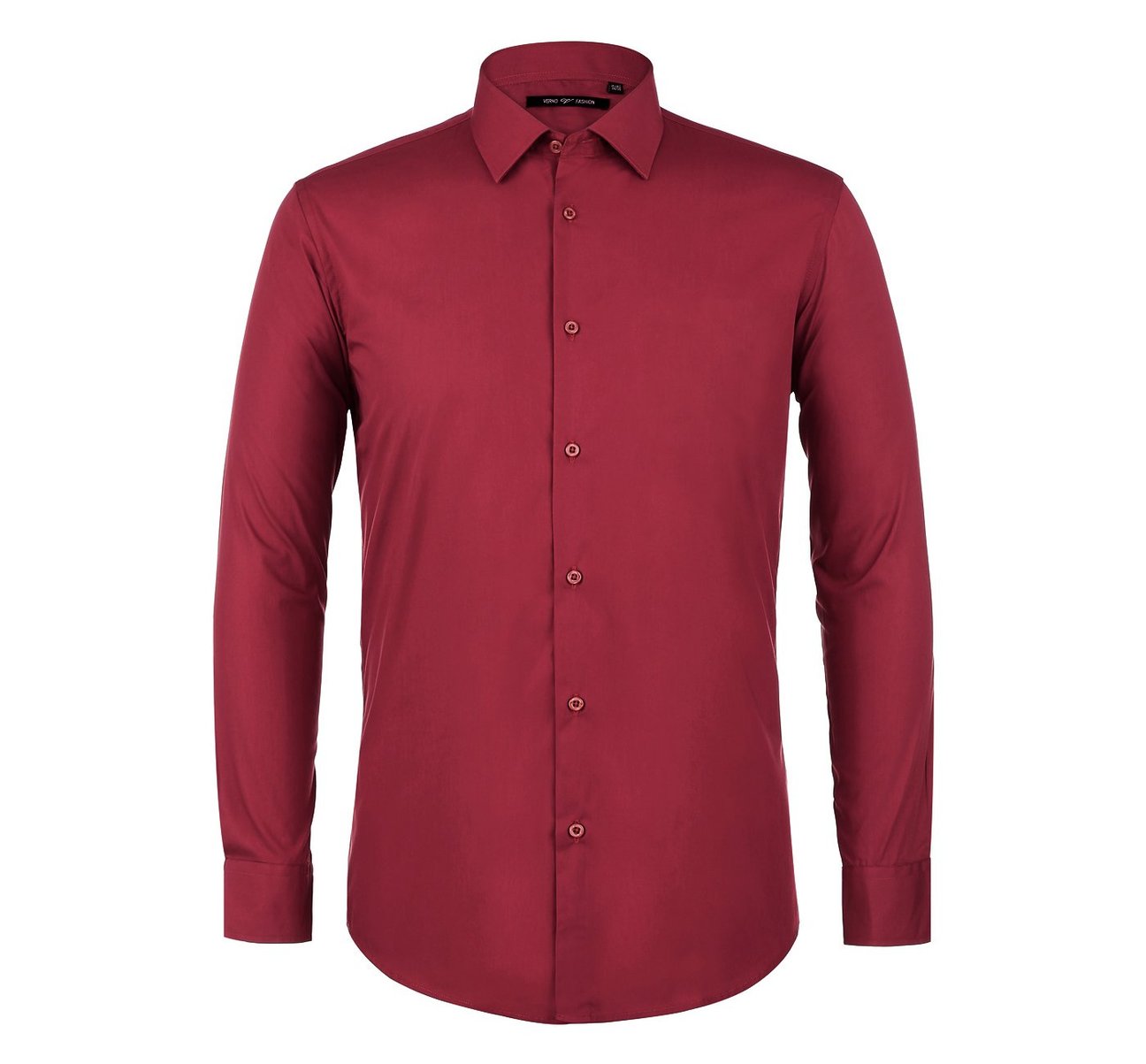 The Renoir VERNO Brick Red Classic/Regular Fit Long Sleeve Spread Collar Dress Shirt TC626 showcases a spread collar and long sleeves, with a close-up view emphasizing its classic fit and detailed fabric texture.