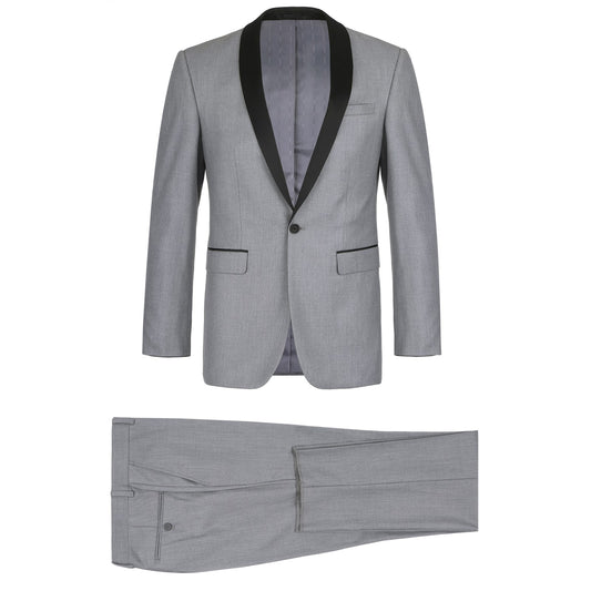 The Alessandro Vitello by Renoir 202-2 is a 2-piece slim fit tuxedo suit featuring a gray color with a black shawl lapel, crafted from a polyester blend. It includes a single-button jacket and matching trousers, displayed on a white background.