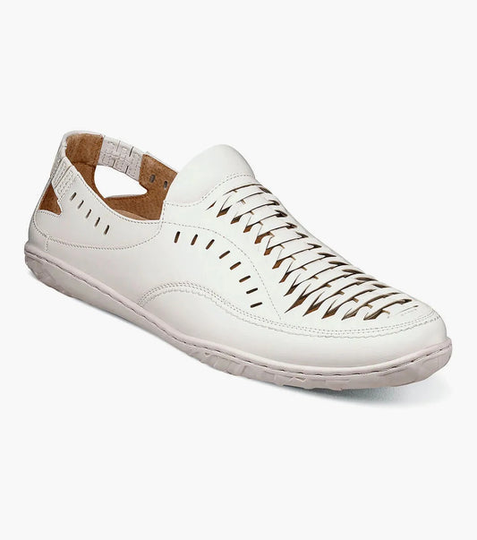 Stacy Adams - IBIZA Woven Vamp Moc Toe Slip On in white features a cutout design and closed toe with a cushioned footbed, enhanced by a lightweight EVA sole for added comfort.