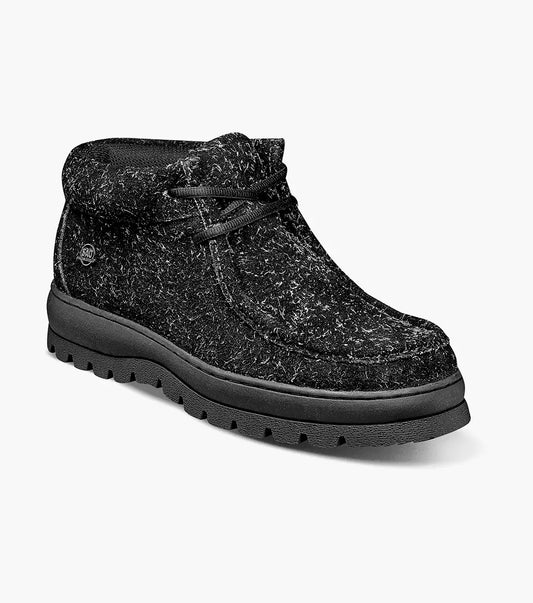 The Stacy Adams DUBLIN II Moc Toe Boot is a black multi ankle-high boot with a smooth, printed suede texture and a rugged chunk rubber sole with lace-up closure.