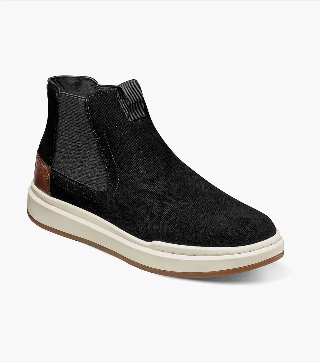 Introducing the Stacy Adams COOPER Plain Toe Chelsea Boot in Black Suede, designed with a white rubber sole, brown accents on the heel, and a plush cushioned insole for exceptional all-day comfort.